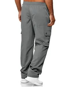 Back view of men's grey cargo pants featuring an elastic waist and large side pockets