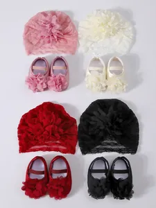 Set of baby lace flower turban hats and matching princess shoes for newborn girls