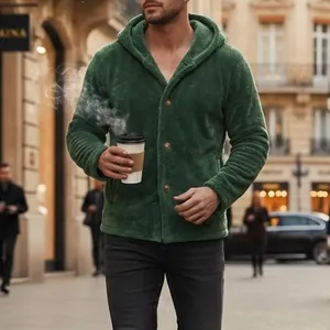 Close-up view of a men's green coral fleece hooded jacket with buttons and ribbed sleeves