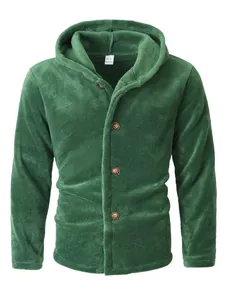 Full view detail showing the texture and buttons of a men's green coral fleece hooded jacket