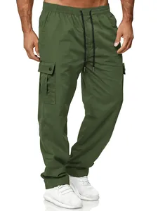 Men's loose olive green cargo pants with elastic drawstring waist and side pockets