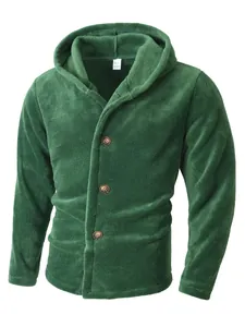Close-up detail of a soft green men's hooded coral fleece jacket with wooden buttons