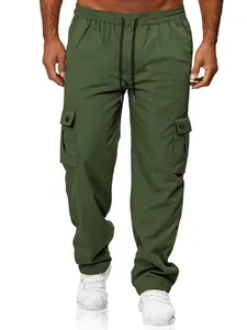 Men's retro olive green cargo pants with elastic drawstring waist and side pockets