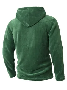 Back view of a warm dark green coral fleece hoodie showing soft plush texture and hood