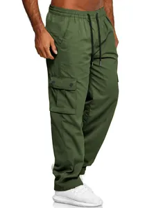 Detail of men's olive green retro loose-fit cargo pants with elastic waist and side pockets.