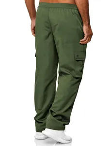 Rear view of men's olive green cargo pants with elastic waist and side pocket.