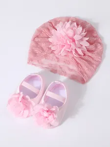 Pink lace baby turban and floral shoes set for newborn girls accessory