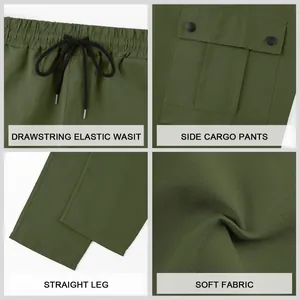 Detailed views of vintage cargo pants: elastic waist, side pockets, and soft fabric