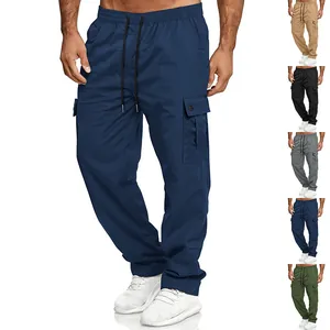 Detail view showing men's loose fit cargo pants in blue and other available colors
