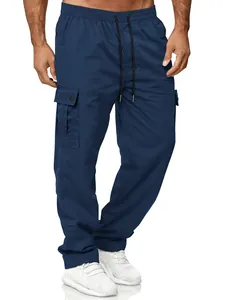 Detailed side view of navy blue cargo pants featuring large flap pockets and elastic waist