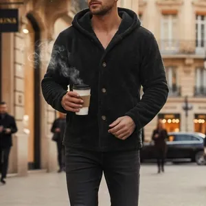 Men's warm coral fleece hooded jacket with four-button closure in solid charcoal gray.