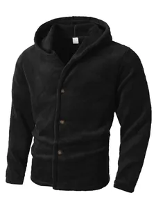 Close-up detail of a men's black coral fleece hooded jacket with three-button closure.