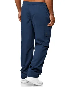 Detailed rear view of men's navy blue cargo pants with elastic waist and side pocket.