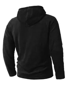 Back view of a black fuzzy fleece hooded jacket with warm coral velvet texture