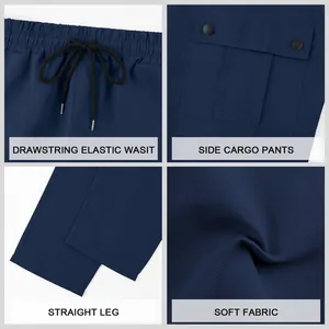 Detail shots of navy blue cargo pants showing drawstring waist and soft fabric texture