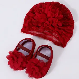 Newborn Baby Girl Lace Hat and Princess Shoes Set Large Flower Turban Bonnet Infant Soft Sole Walking Shoes Accessories