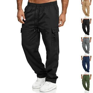 Close-up view of men's retro loose cargo pants featuring elastic waist and side pockets