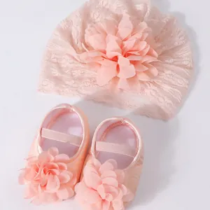 Baby girl pink lace flower turban hat and matching soft sole princess shoes set for 0-1 year