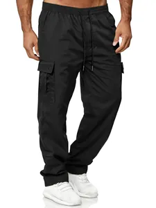 Men's loose black cargo pants featuring an elastic drawstring waist and side pockets