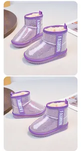 Details of purple glitter children's snow boots with waterproof shell and plush lining