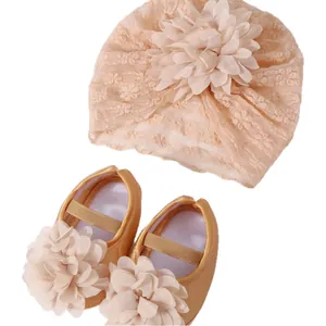 Peach lace baby turban hat and matching flower princess shoes set for newborn girls