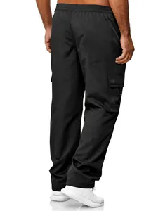 Detailed rear view of men's black cargo pants with elastic waist and side utility pocket