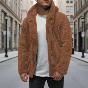 Close-up of warm brown coral fleece men's hooded jacket with four-button closure.