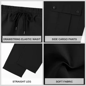 Detailed close-ups of black cargo pants featuring elastic waist, side pockets, and soft fabric.