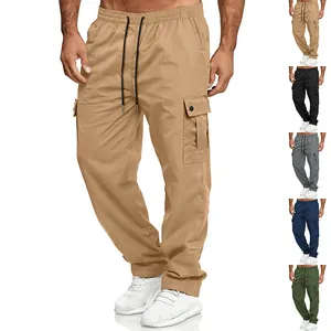 Detail view of men's vintage loose cargo pants with elastic waist in multiple colors