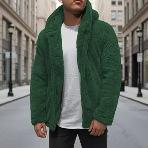 Men's warm dark green coral fleece hooded jacket with four-button closure in urban street style