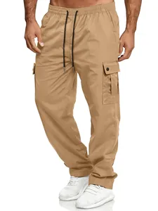 Detailed view of khaki loose-fit men's cargo pants featuring an elastic drawstring waist