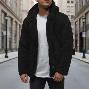Men's black coral fleece hooded jacket with 4 buttons shown on model in urban setting