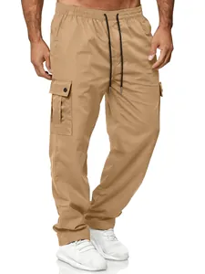 Detailed view of men's vintage khaki cargo pants with elastic waist and side pockets