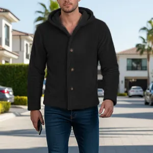 Close-up of black fleece hooded jacket with buttons and plush material for men.