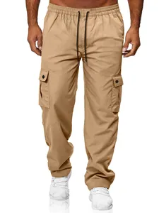Detailed view of men's loose khaki cargo pants with elastic waist and side pockets