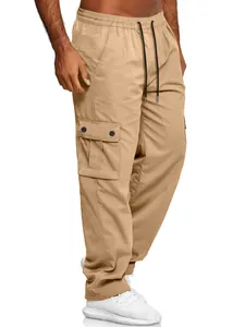 Men's loose cargo pants in khaki with elastic drawstring waist and large side pocket.