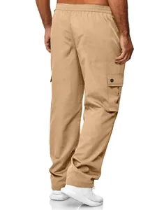 Detail view of men's khaki cargo pants featuring elastic waist and side pockets