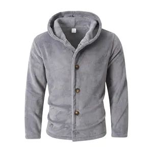 Detailed view of men's grey warm coral velvet hooded jacket with four brown buttons