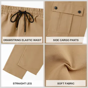 Detail shots of khaki cargo pants with drawstring waist, side pockets and soft fabric texture.