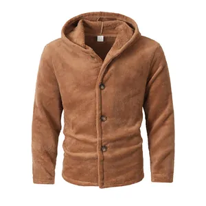 Warm men's coral fleece hooded jacket with four-button closure in brown