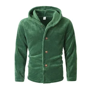 Green coral fleece hooded jacket for men with four-button closure