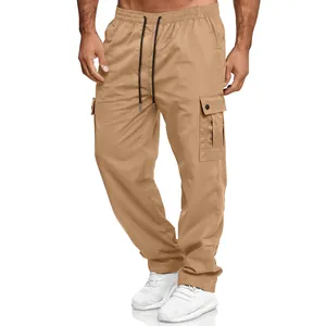 Men's American vintage loose cargo pants with elastic waist and drawstrings in khaki color