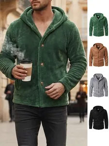Men Hooded Jacket Coral Fleece Cardigan Winter Warm Solid Color Soft Casual Button Closure Long Sleeve Outerwear Men Clothing