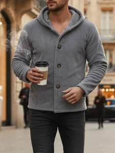 Men's stylish grey coral fleece button-up hoodie jacket for casual winter warm wear