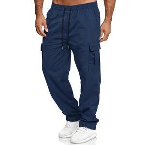 Men's navy blue loose-fit cargo pants with drawstring waist, multiple pockets, and retro style
