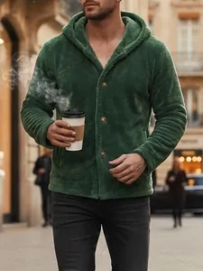 Men's solid green coral fleece hooded jacket with buttons for autumn winter casual wear.