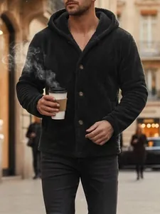 Men's warm black coral fleece hooded jacket with four-button closure in urban street style