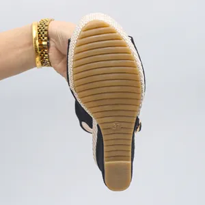 Detailed bottom view of peep-toe wedge sandals showing the anti-slip rubber sole texture