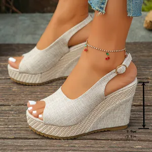 Detail view showing the 9.9cm high wedge heel of these stylish summer peep-toe sandals