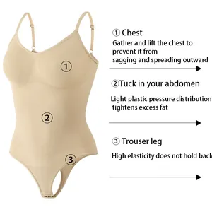 Beige seamless bodysuit shapewear for women featuring tummy control and chest lifting functions
